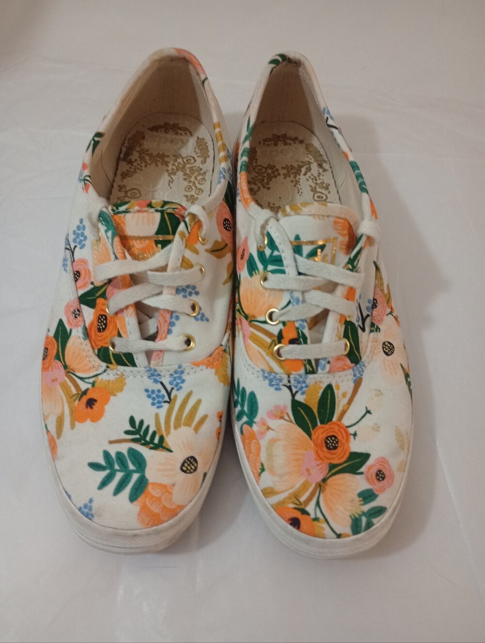 Keds Rifle Paper Co. Floral Canvas Lace-Up Sneakers - White with Orange & Green